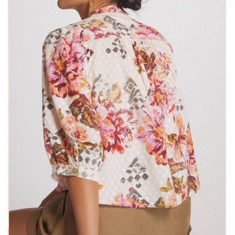 Pilcro Floral Button-Front Puff Sleeve Blouse in White and Pink - Picture 6 of 10